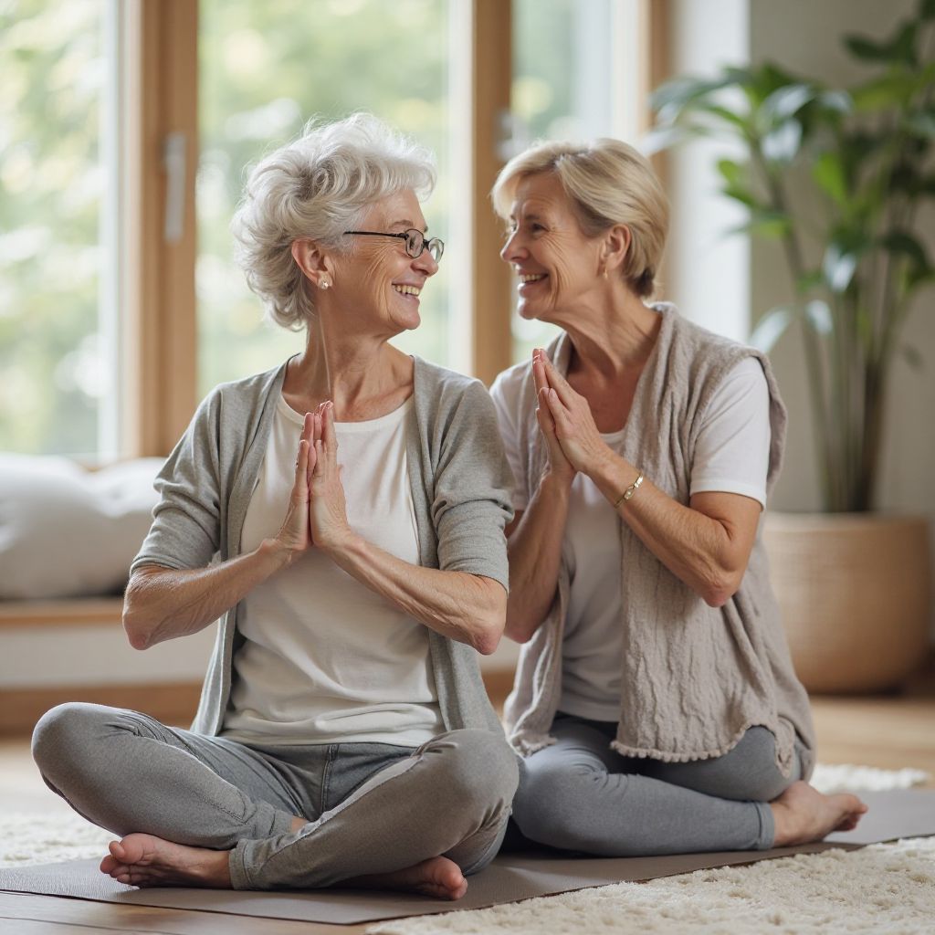 Grandmother and granddaughter in yoga class